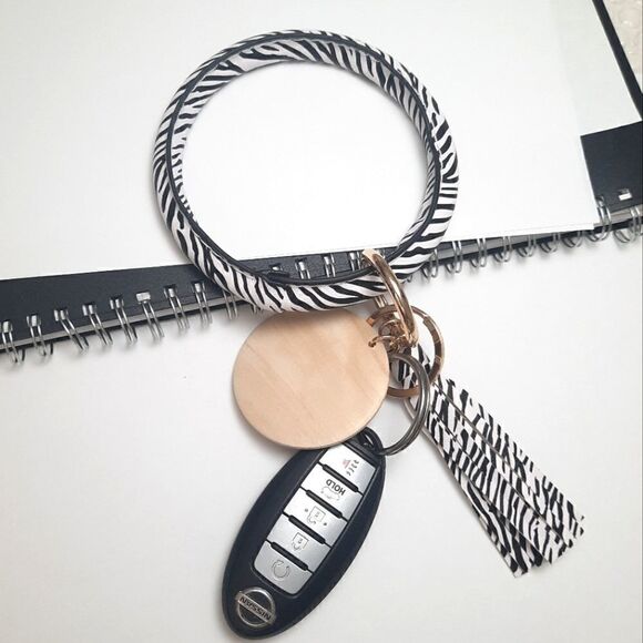 2/$21 Zebra Print Leather Tassel Unisex Bangle Wrist Key Ring Keychain Ring - Picture 5 of 7